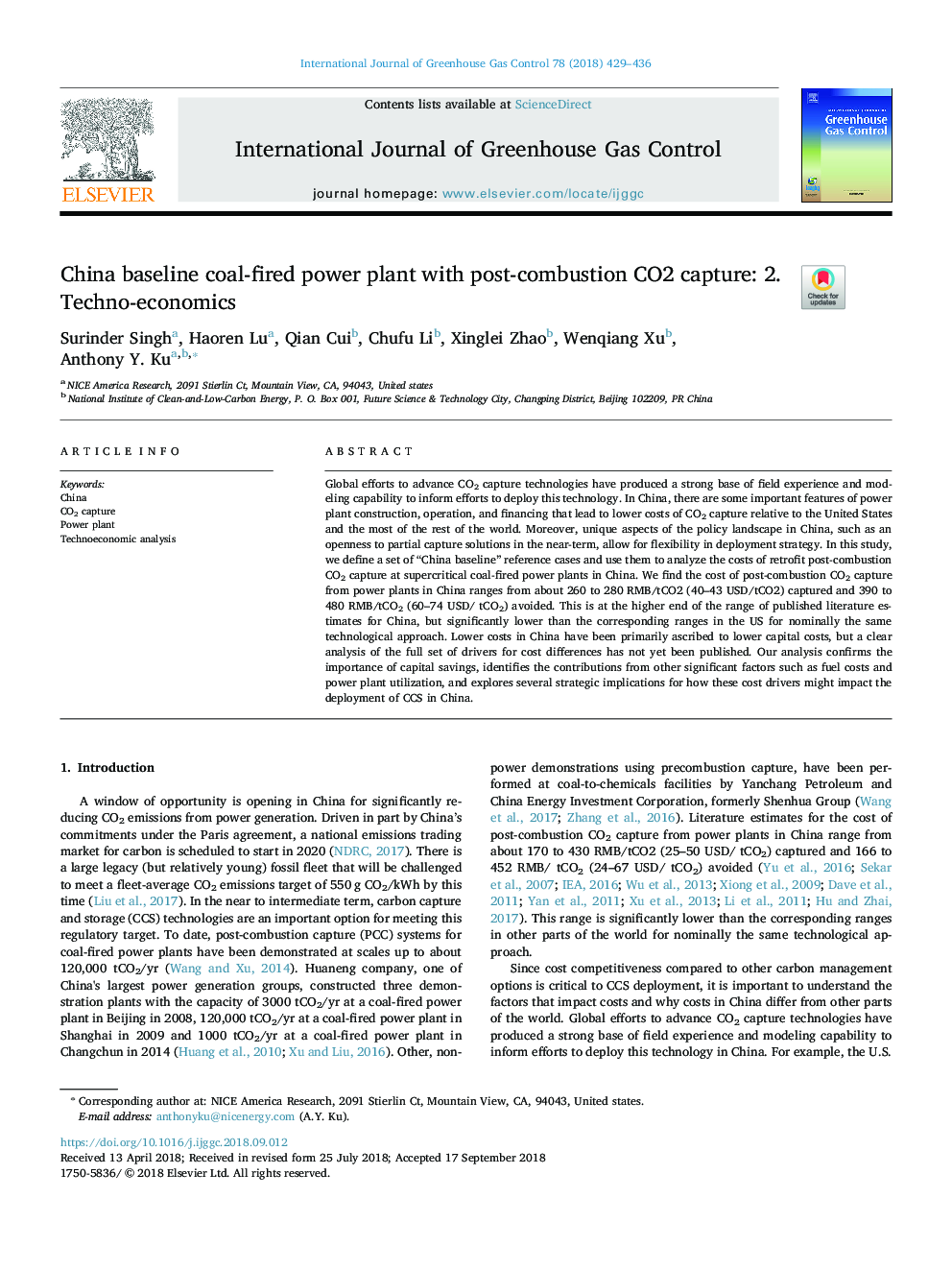 China baseline coal-fired power plant with post-combustion CO2 capture: 2. Techno-economics