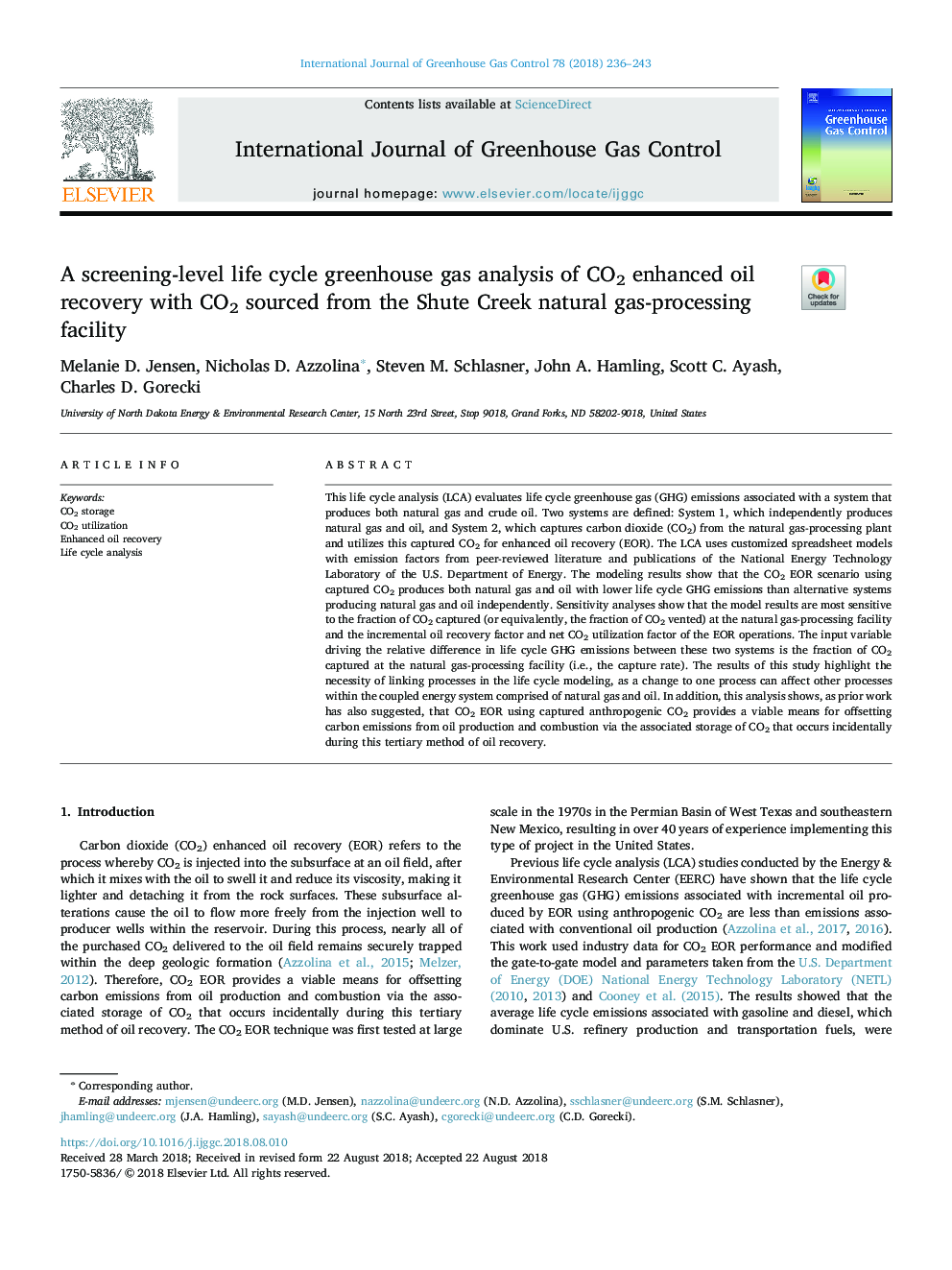 A screening-level life cycle greenhouse gas analysis of CO2 enhanced oil recovery with CO2 sourced from the Shute Creek natural gas-processing facility