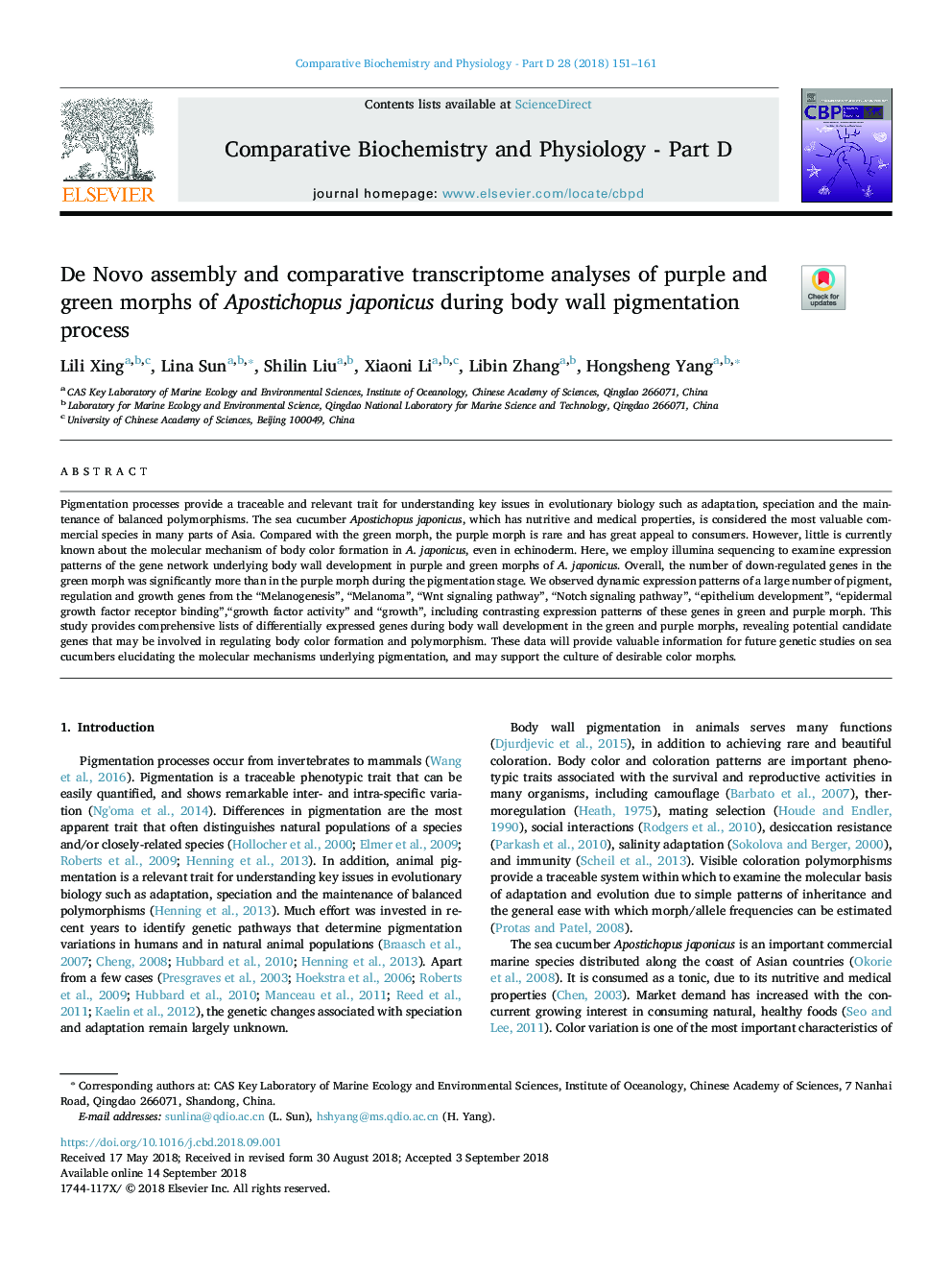 De Novo assembly and comparative transcriptome analyses of purple and green morphs of Apostichopus japonicus during body wall pigmentation process