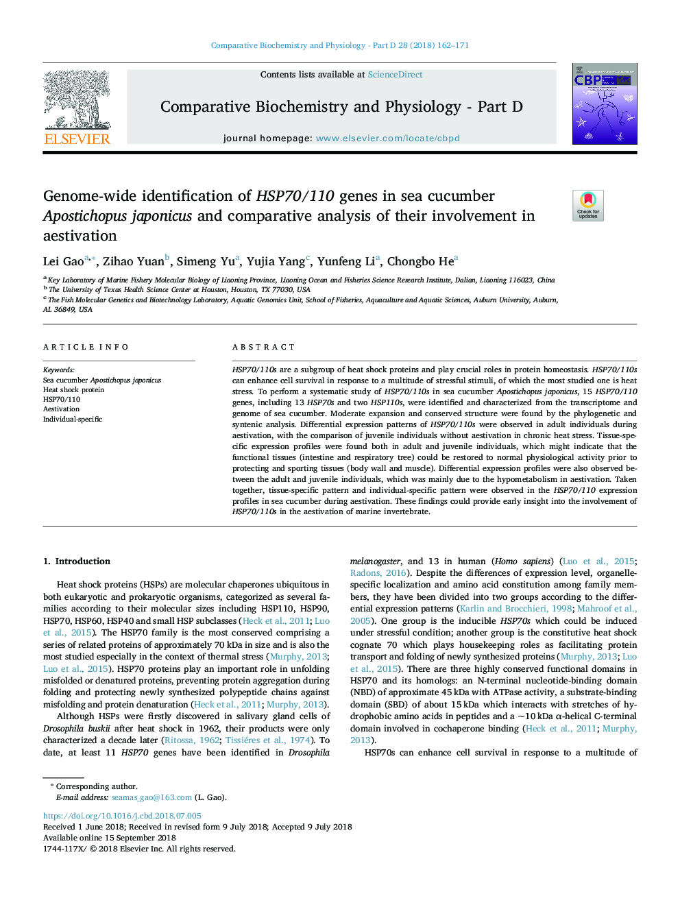 Genome-wide identification of HSP70/110 genes in sea cucumber Apostichopus japonicus and comparative analysis of their involvement in aestivation