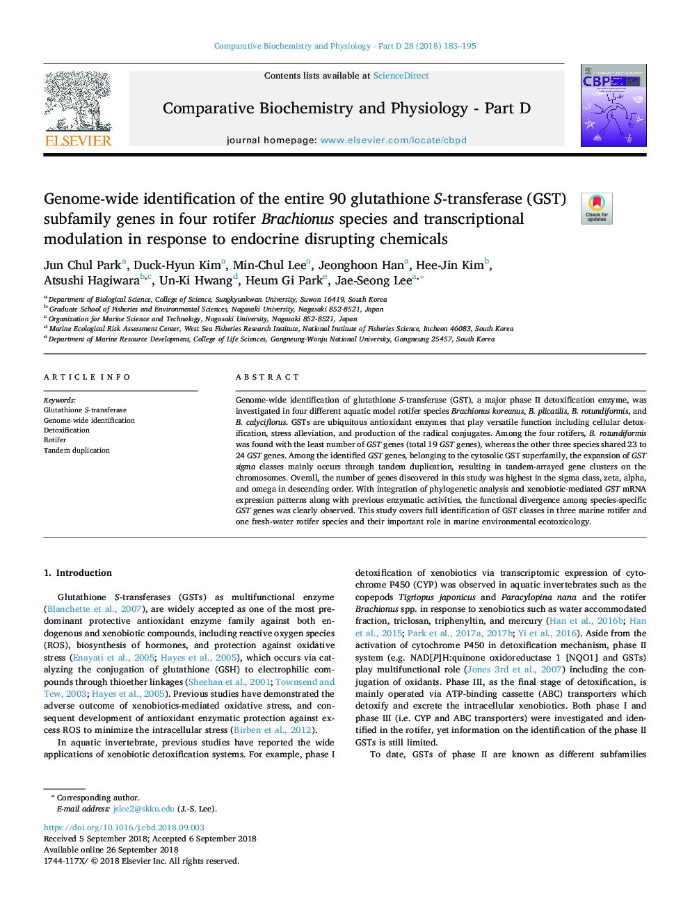 Genome-wide identification of the entire 90 glutathione S-transferase (GST) subfamily genes in four rotifer Brachionus species and transcriptional modulation in response to endocrine disrupting chemicals