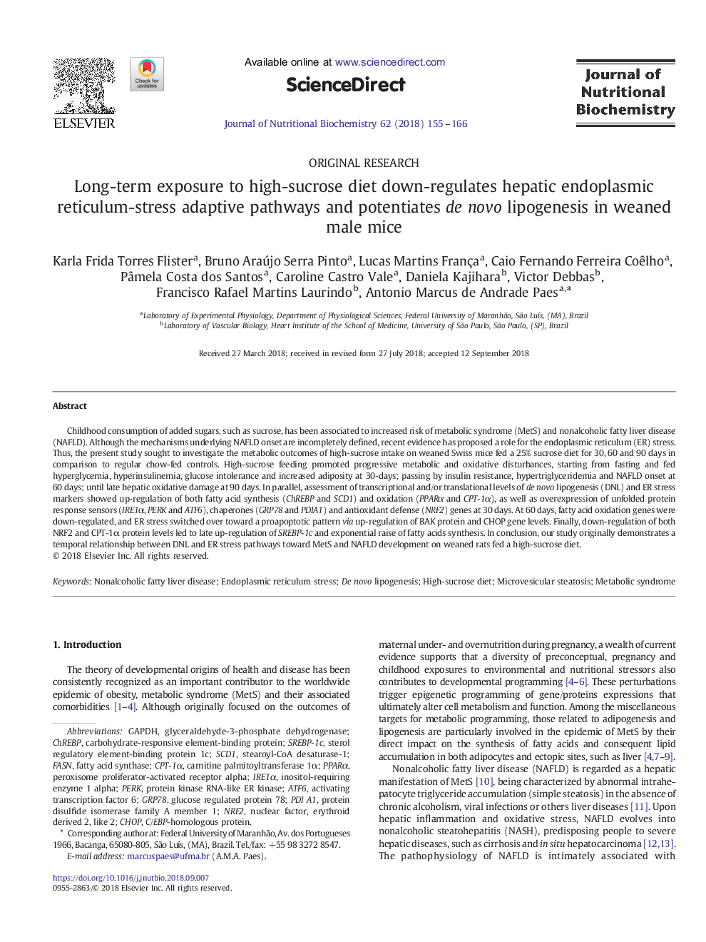 Long-term exposure to high-sucrose diet down-regulates hepatic endoplasmic reticulum-stress adaptive pathways and potentiates de novo lipogenesis in weaned male mice