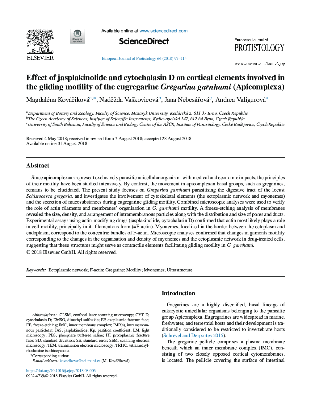 Effect of jasplakinolide and cytochalasin D on cortical elements involved in the gliding motility of the eugregarine Gregarina garnhami (Apicomplexa)