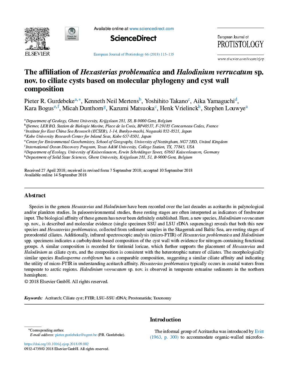 The affiliation of Hexasterias problematica and Halodinium verrucatum sp. nov. to ciliate cysts based on molecular phylogeny and cyst wall composition