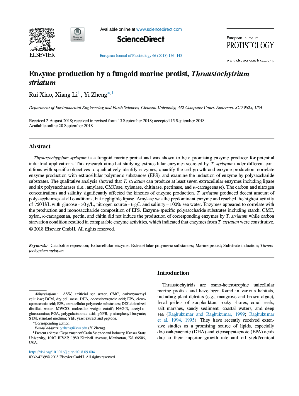 Enzyme production by a fungoid marine protist, Thraustochytrium striatum
