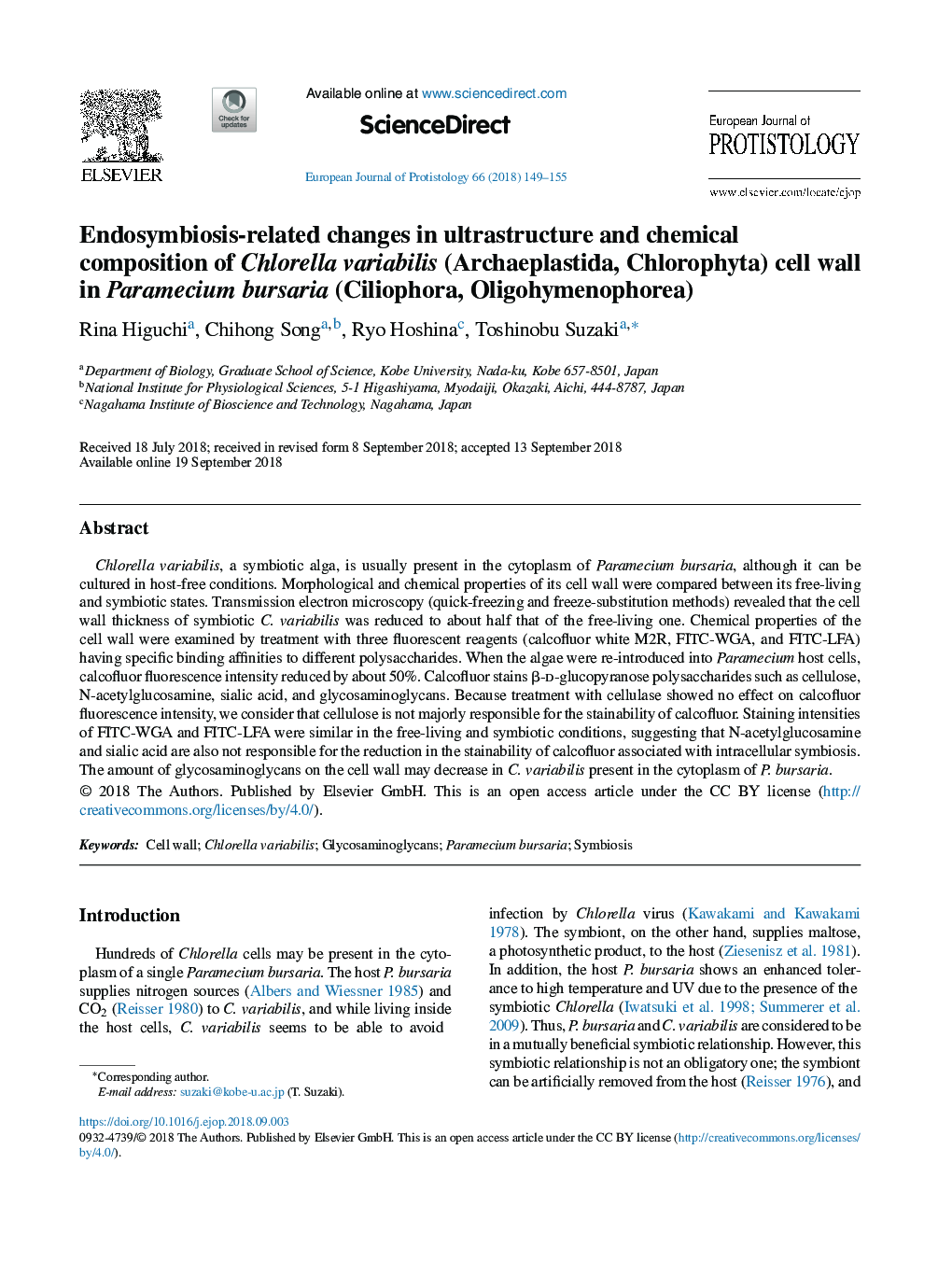 Endosymbiosis-related changes in ultrastructure and chemical composition of Chlorella variabilis (Archaeplastida, Chlorophyta) cell wall in Paramecium bursaria (Ciliophora, Oligohymenophorea)