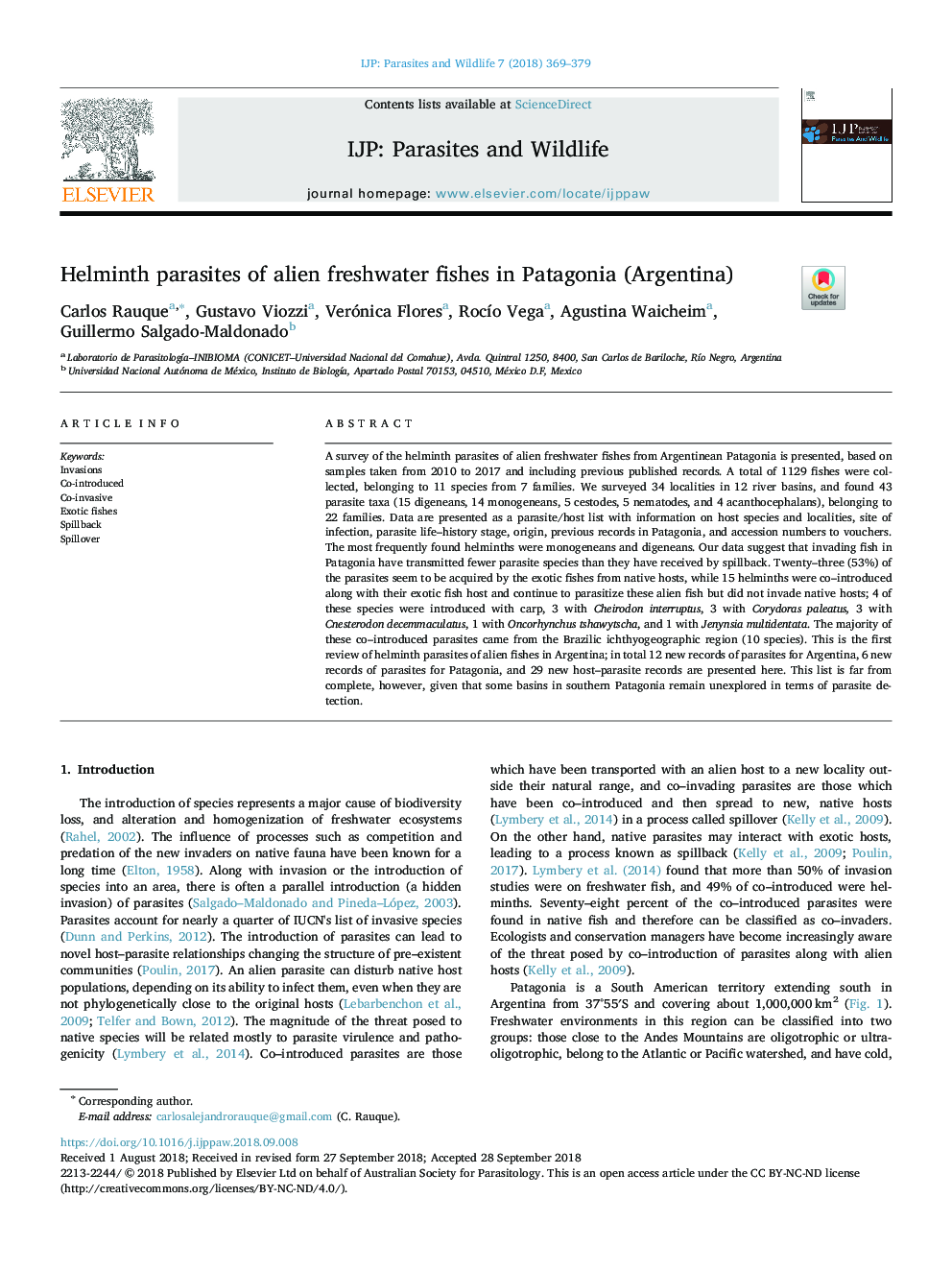 Helminth parasites of alien freshwater fishes in Patagonia (Argentina)