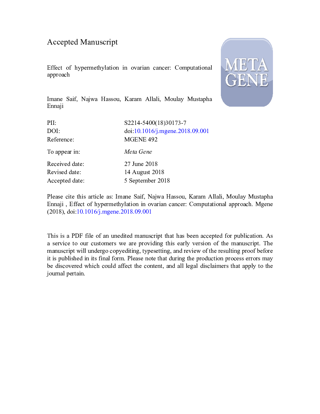 Effect of hypermethylation in ovarian cancer: Computational approach