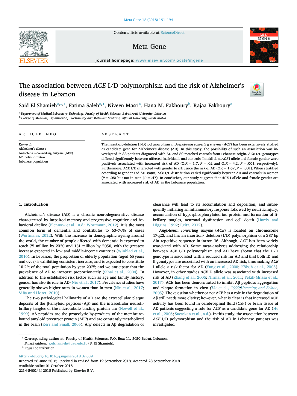 The association between ACE I/D polymorphism and the risk of Alzheimer's disease in Lebanon