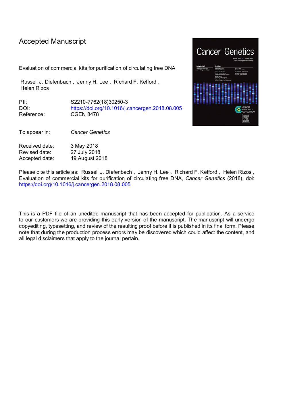 Evaluation of commercial kits for purification of circulating free DNA