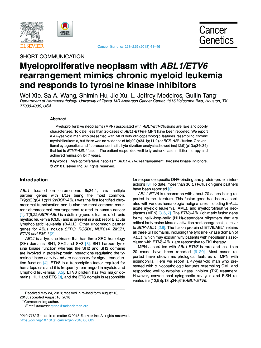 Myeloproliferative neoplasm with ABL1/ETV6 rearrangement mimics chronic myeloid leukemia and responds to tyrosine kinase inhibitors