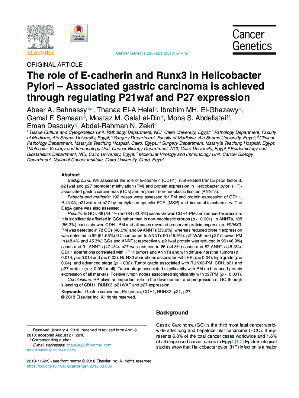 The role of E-cadherin and Runx3 in Helicobacter Pylori - Associated gastric carcinoma is achieved through regulating P21waf and P27 expression