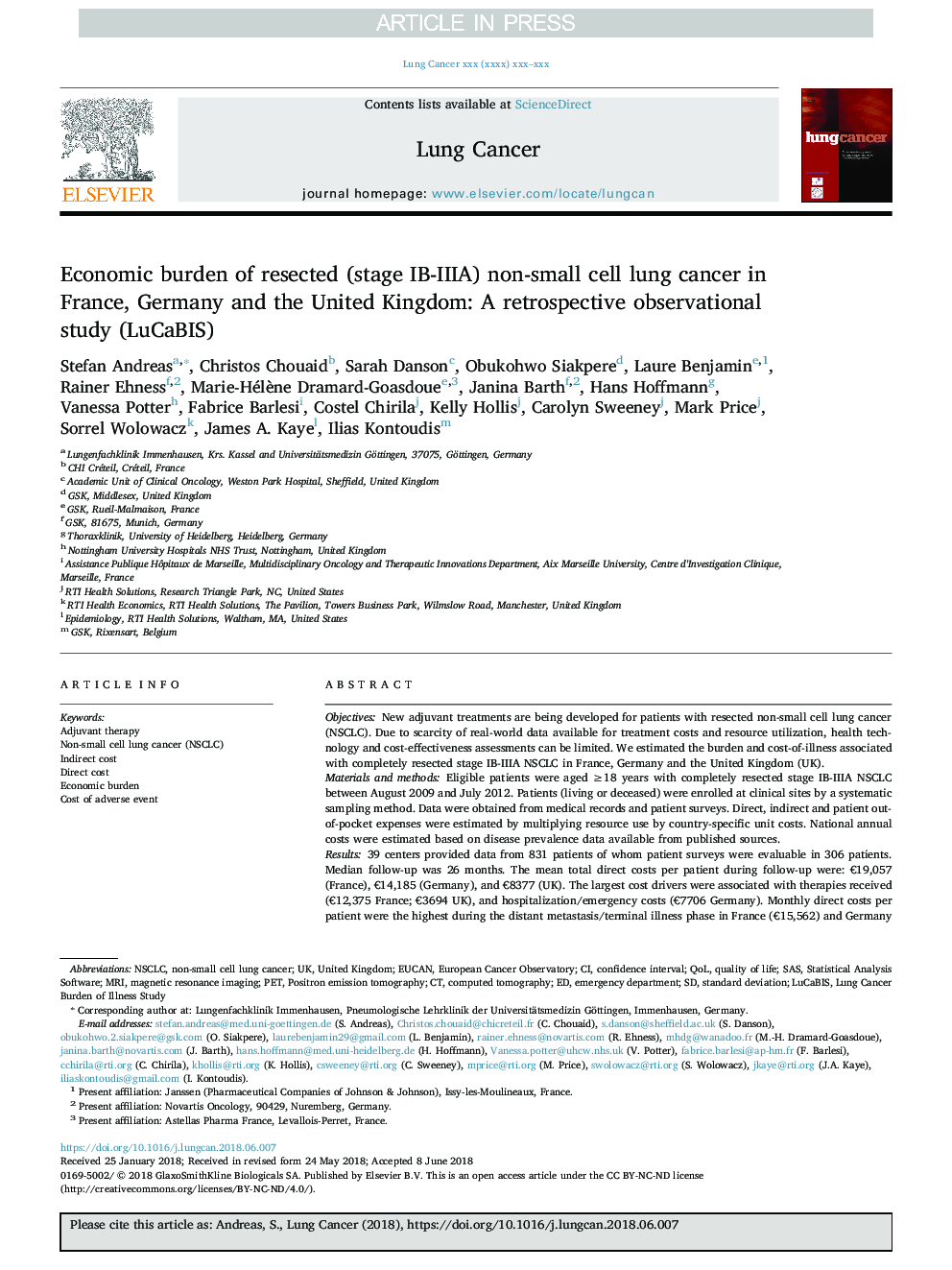 Economic burden of resected (stage IB-IIIA) non-small cell lung cancer in France, Germany and the United Kingdom: A retrospective observational study (LuCaBIS)