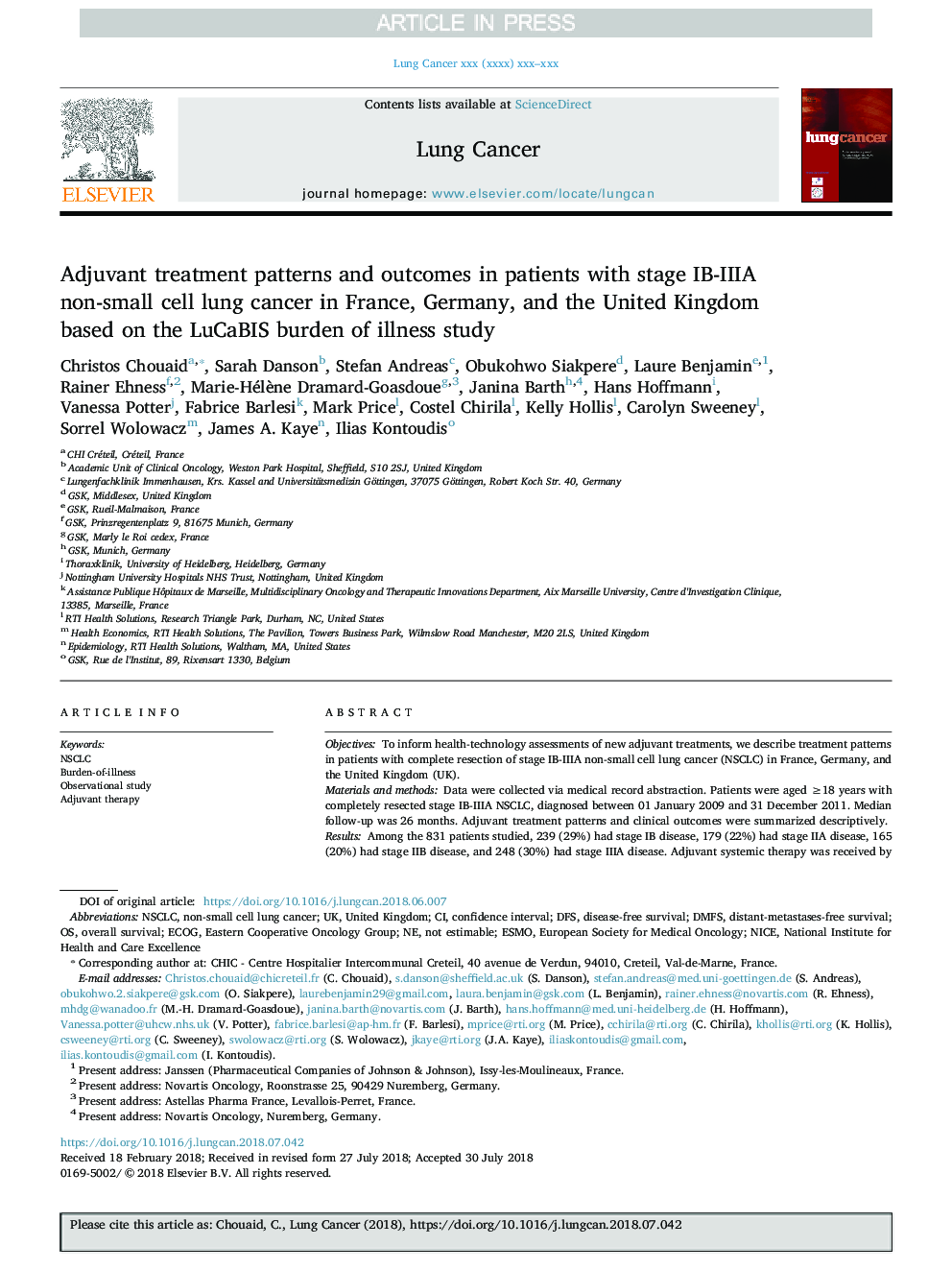 Adjuvant treatment patterns and outcomes in patients with stage IB-IIIA non-small cell lung cancer in France, Germany, and the United Kingdom based on the LuCaBIS burden of illness study