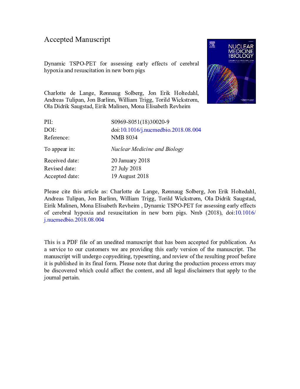 Dynamic TSPO-PET for assessing early effects of cerebral hypoxia and resuscitation in new born pigs