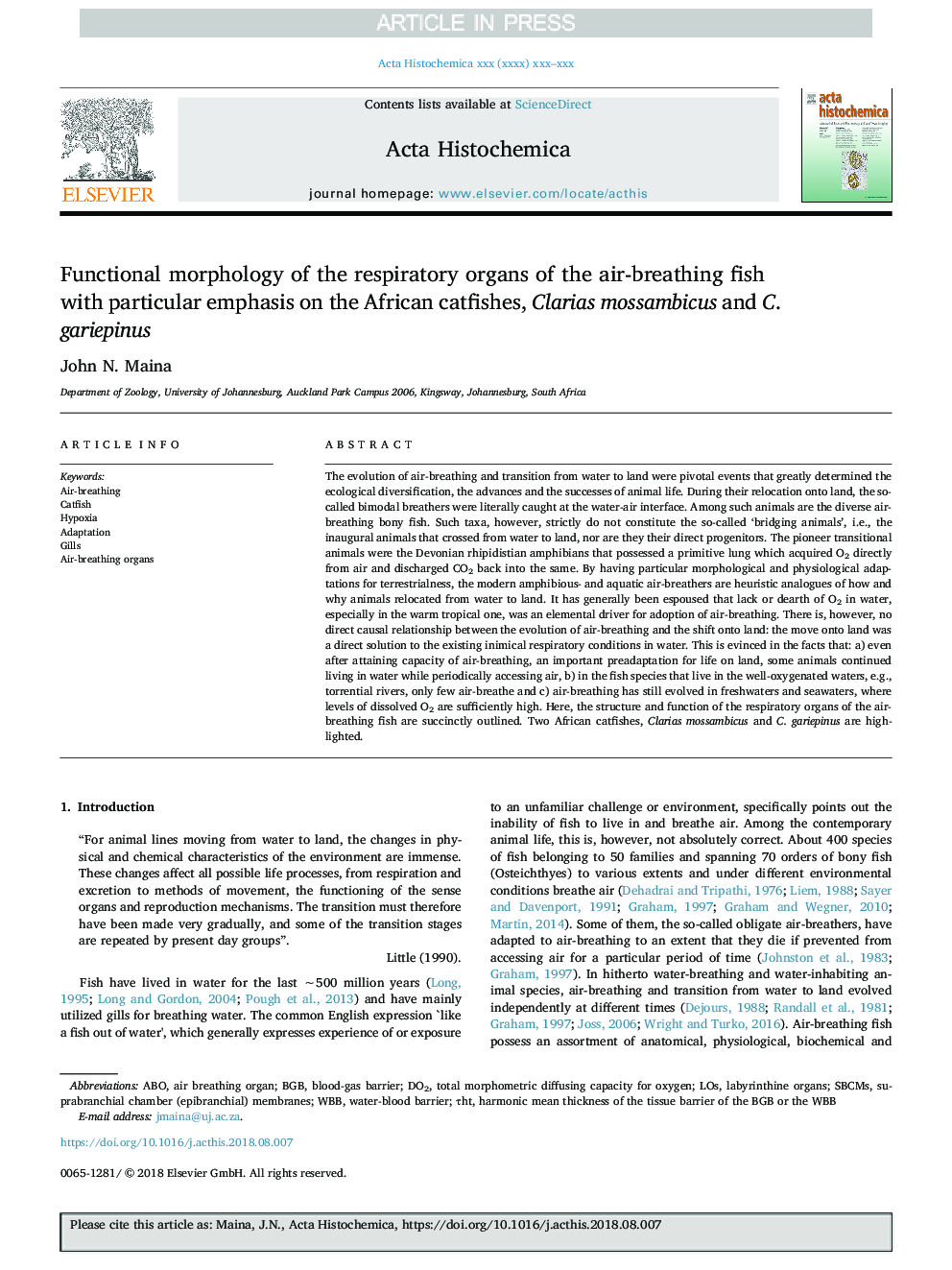 Functional morphology of the respiratory organs of the air-breathing fish with particular emphasis on the African catfishes, Clarias mossambicus and C. gariepinus