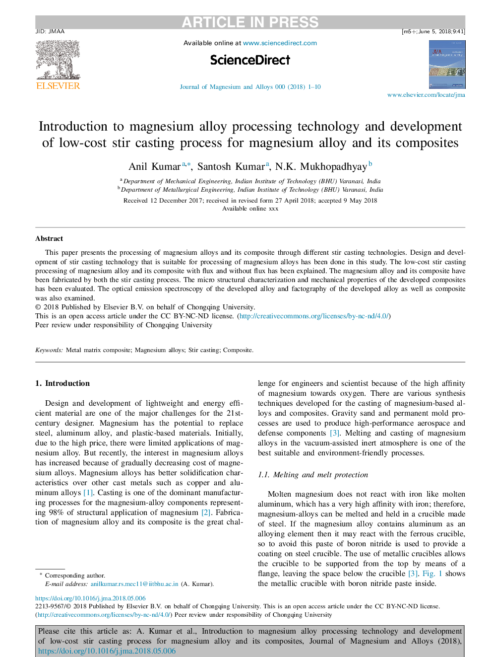 Introduction to magnesium alloy processing technology and development of low-cost stir casting process for magnesium alloy and its composites