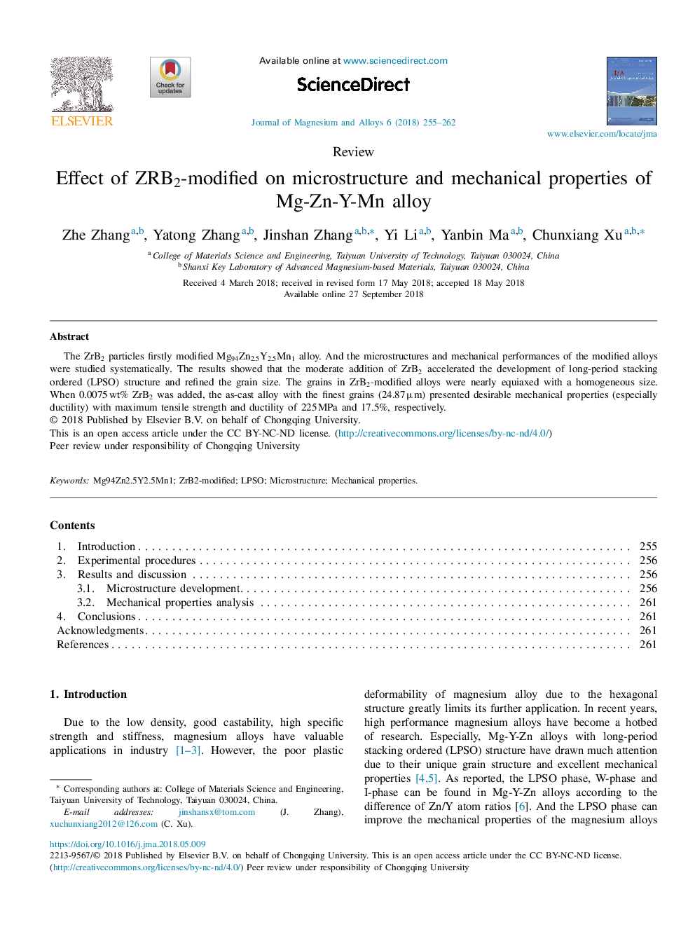 عکس صفحه اول مقاله: Effect of ZRB2-modified on microstructure and mechanical properties of Mg-Zn-Y-Mn alloy Effect of ZRB2-modified on microstructure and mechanical properties of Mg-Zn-Y-Mn alloy