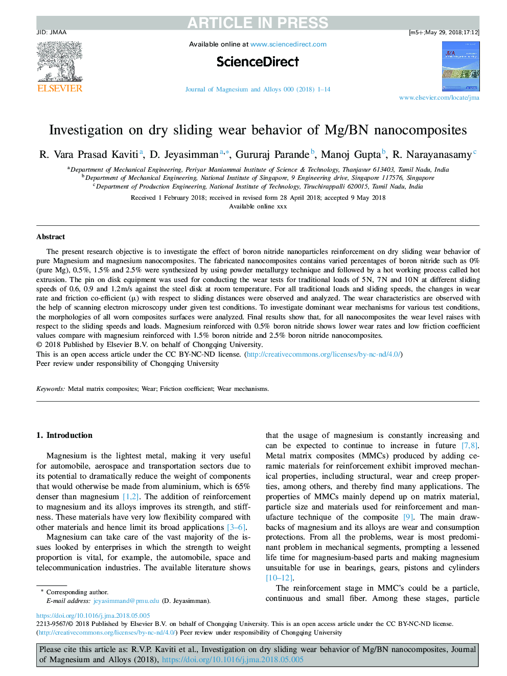 Investigation on dry sliding wear behavior of Mg/BN nanocomposites