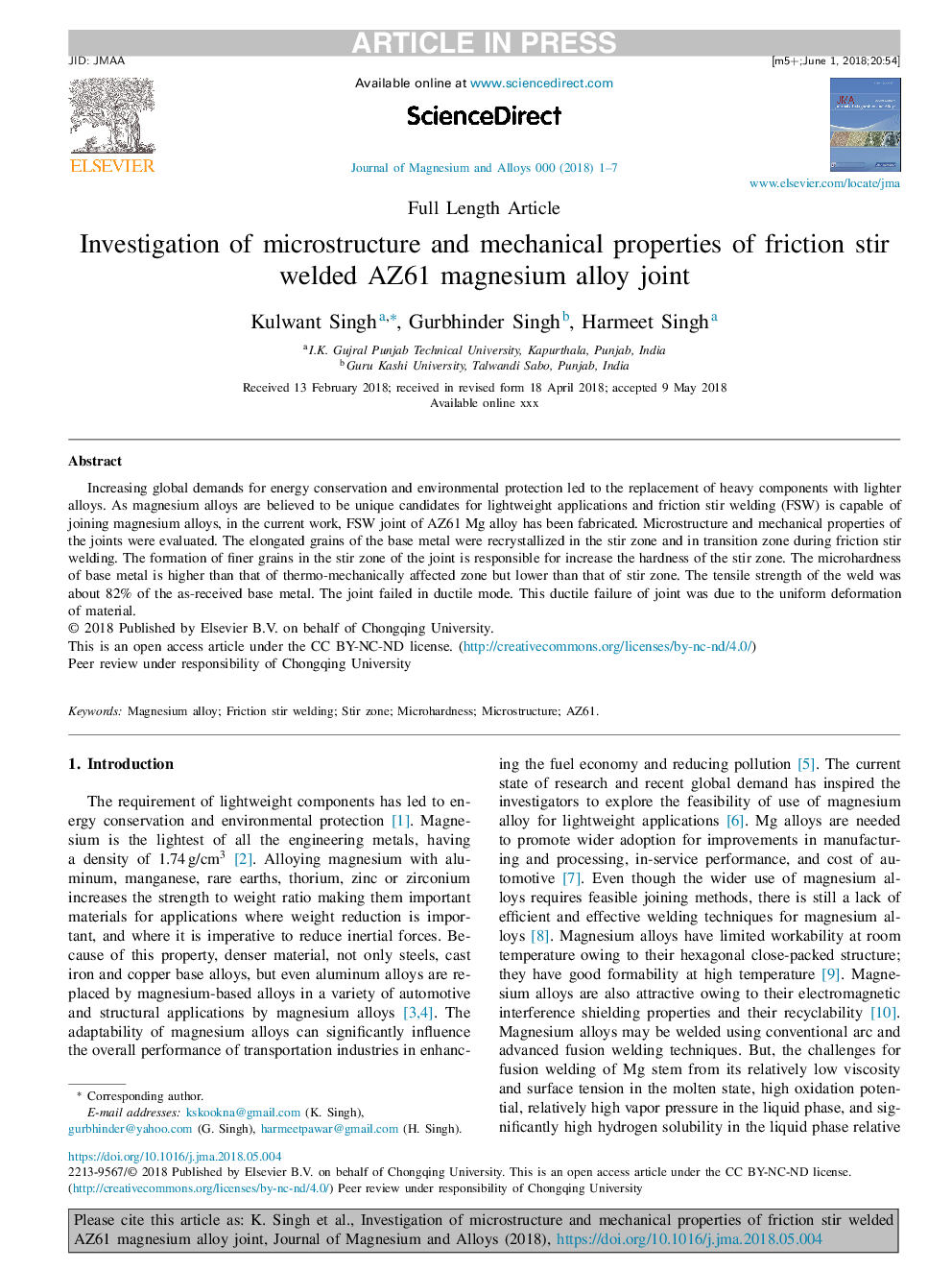 Investigation of microstructure and mechanical properties of friction stir welded AZ61 magnesium alloy joint