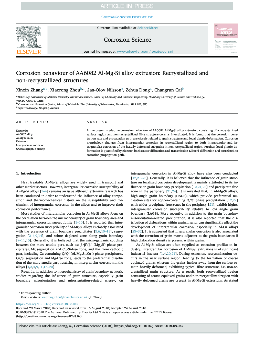 Corrosion behaviour of AA6082 Al-Mg-Si alloy extrusion: Recrystallized and non-recrystallized structures