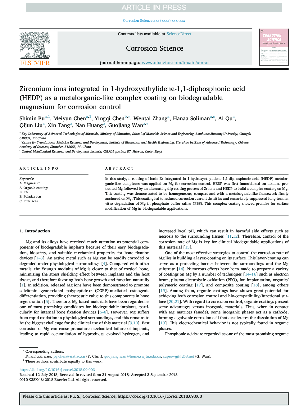 Zirconium ions integrated in 1-hydroxyethylidene-1,1-diphosphonic acid (HEDP) as a metalorganic-like complex coating on biodegradable magnesium for corrosion control