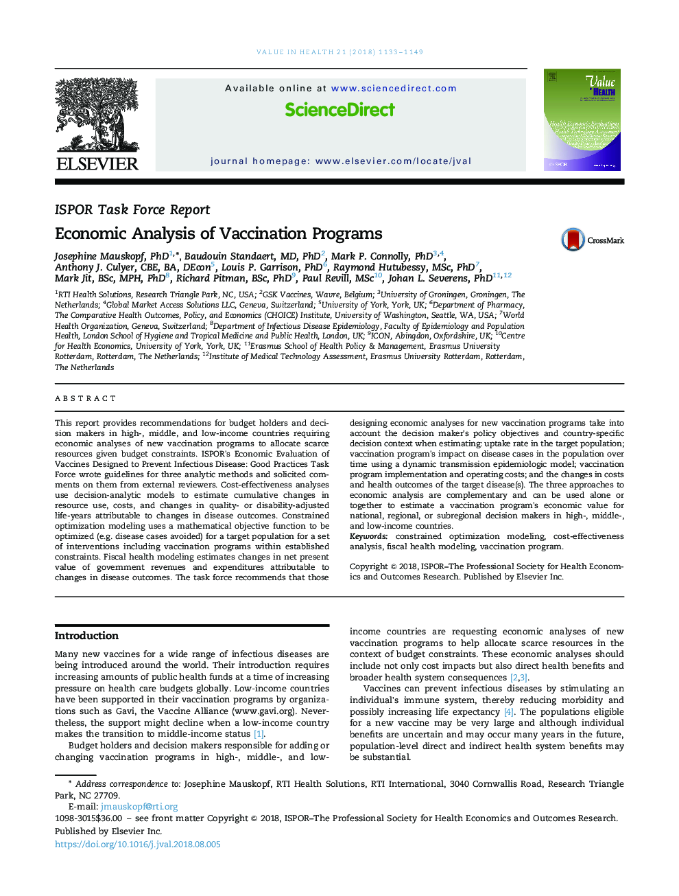 Economic Analysis of Vaccination Programs