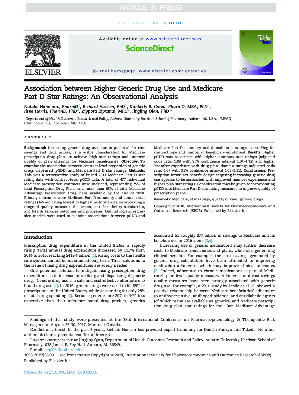 Association between Higher Generic Drug Use and Medicare Part D Star Ratings: An Observational Analysis