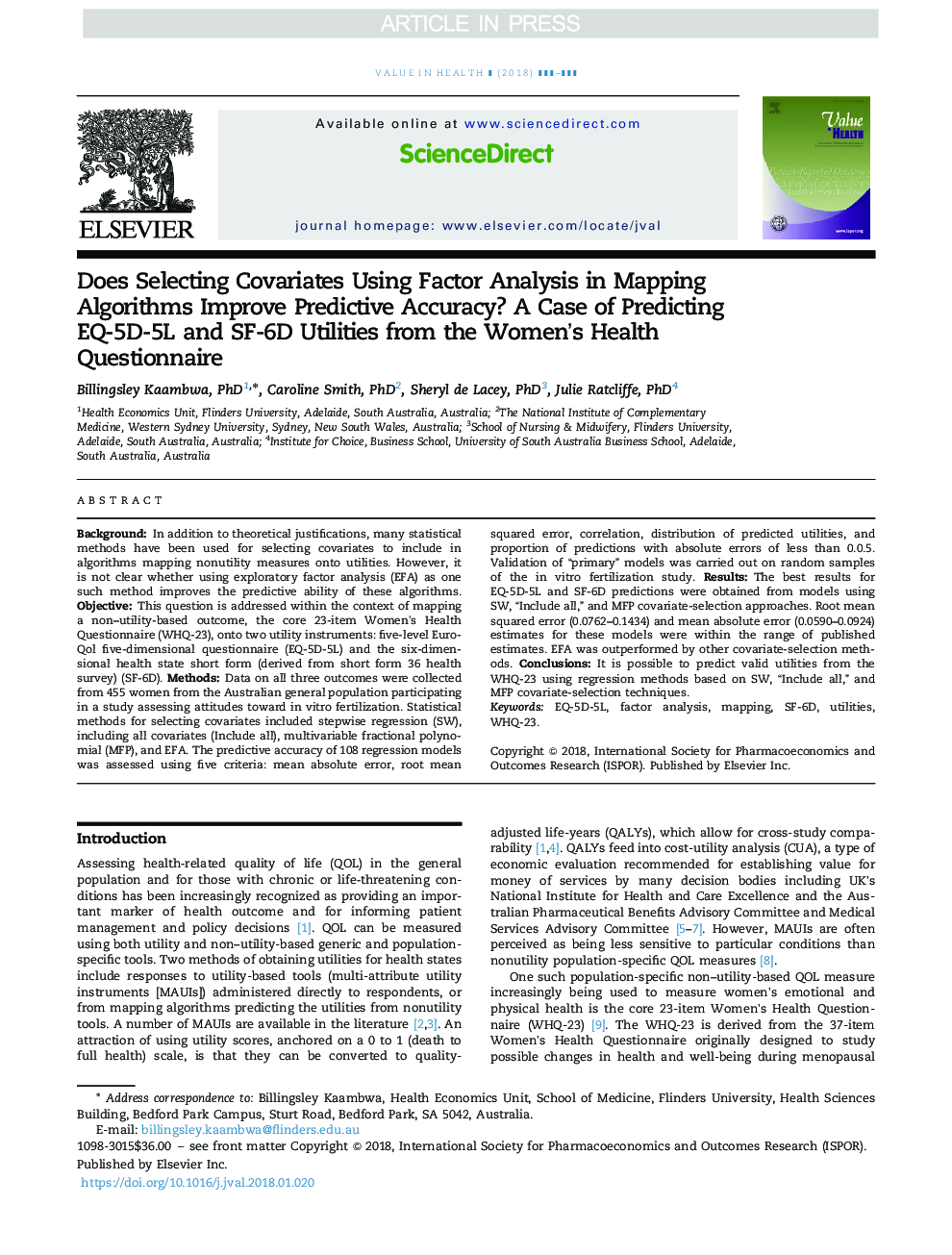 Does Selecting Covariates Using Factor Analysis in Mapping Algorithms Improve Predictive Accuracy? A Case of Predicting EQ-5D-5L and SF-6D Utilities from the Women's Health Questionnaire