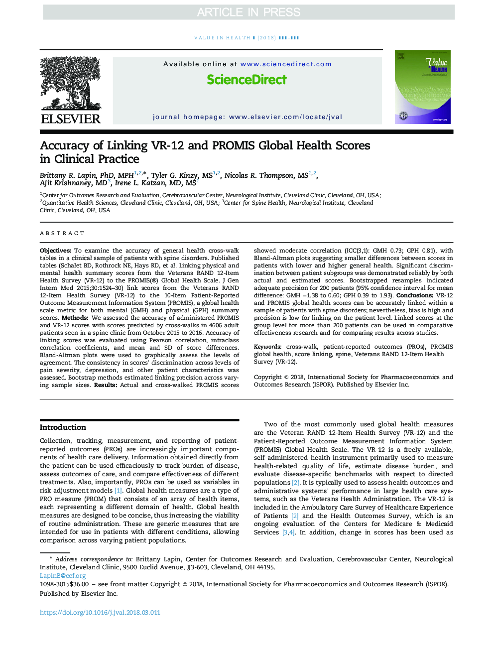 عکس صفحه اول مقاله: Accuracy of Linking VR-12 and PROMIS Global Health Scores in Clinical Practice Accuracy of Linking VR-12 and PROMIS Global Health Scores in Clinical Practice