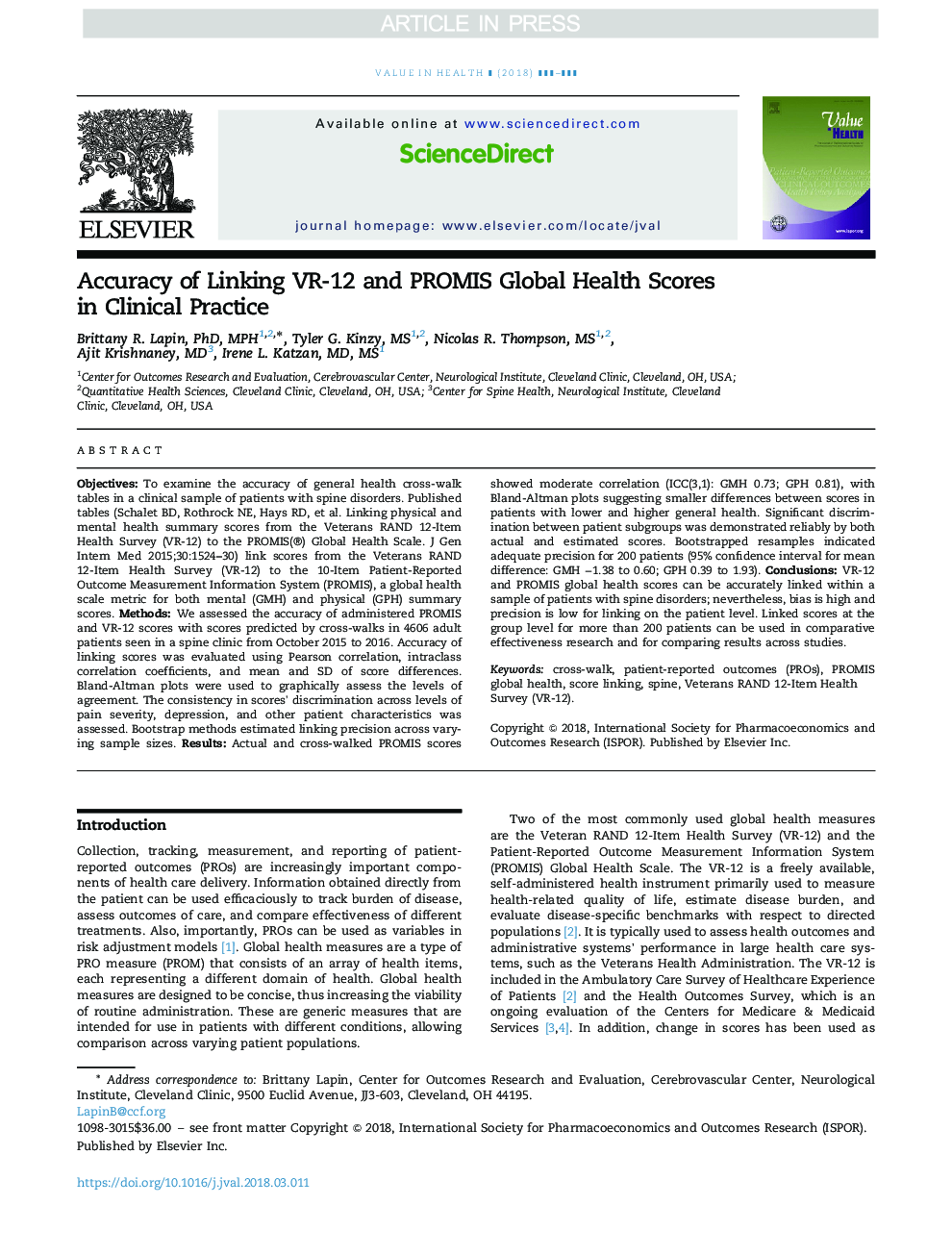 Accuracy of Linking VR-12 and PROMIS Global Health Scores in Clinical Practice