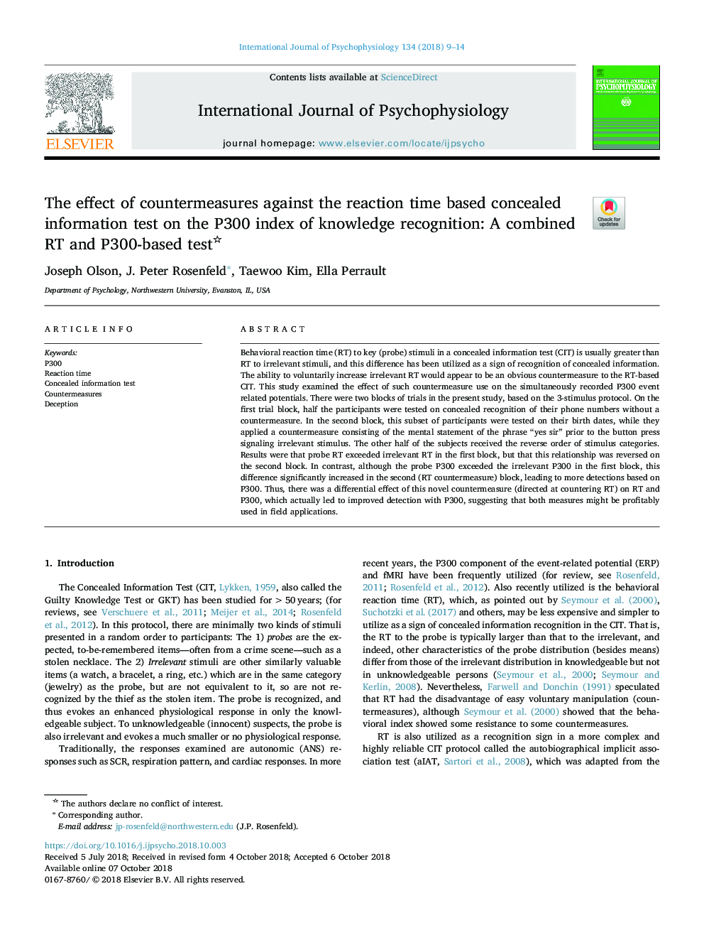 The effect of countermeasures against the reaction time based concealed information test on the P300 index of knowledge recognition: A combined RT and P300-based test