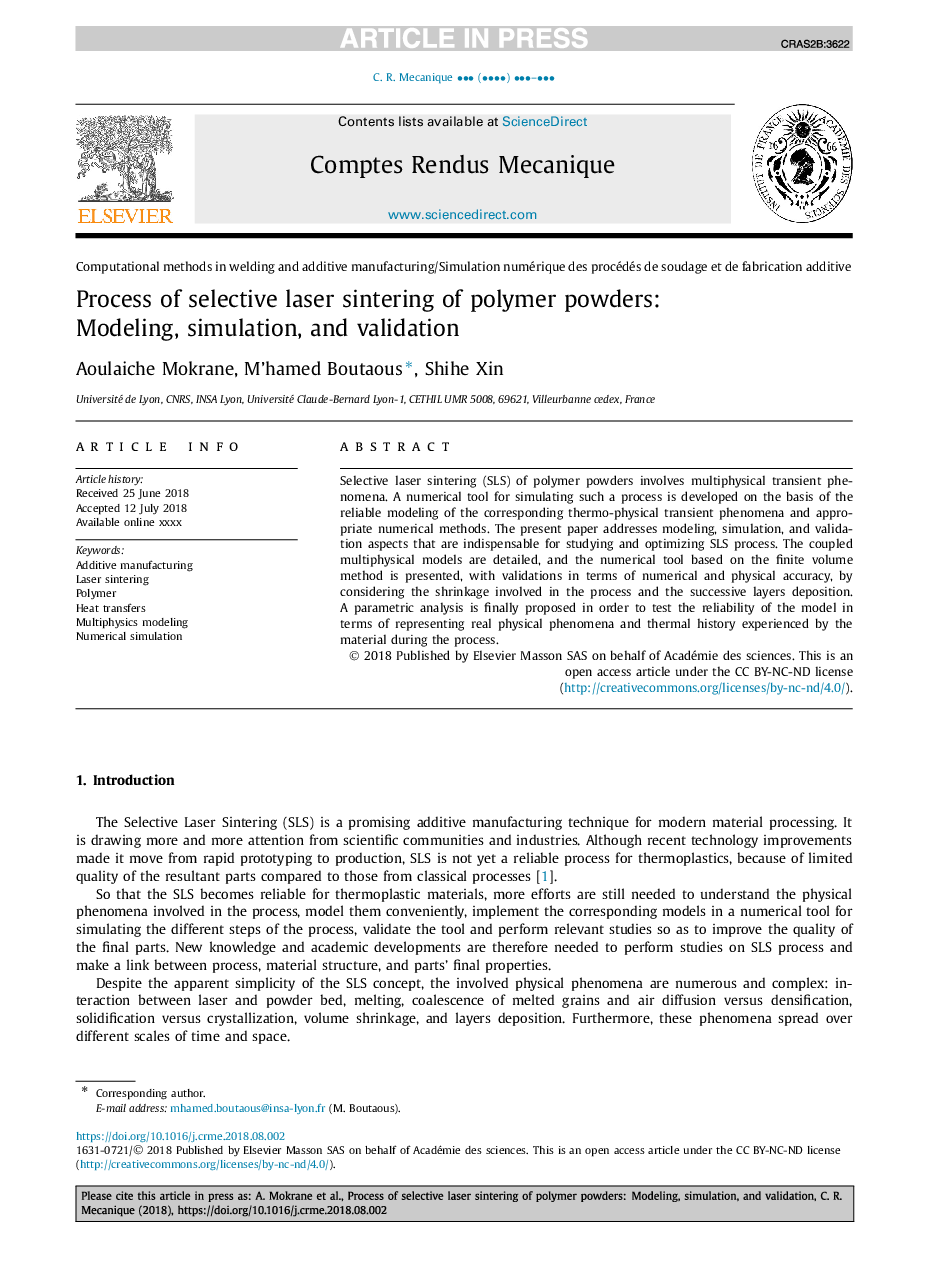 Process of selective laser sintering of polymer powders: Modeling, simulation, and validation