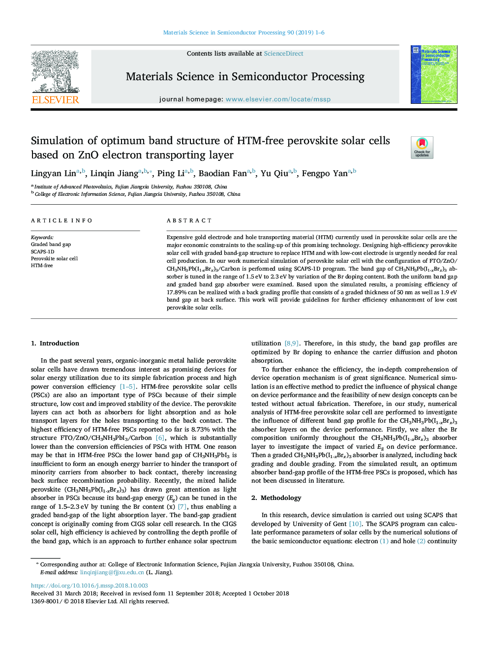 عکس صفحه اول مقاله: Simulation of optimum band structure of HTM-free perovskite solar cells based on ZnO electron transporting layer Simulation of optimum band structure of HTM-free perovskite solar cells based on ZnO electron transporting layer