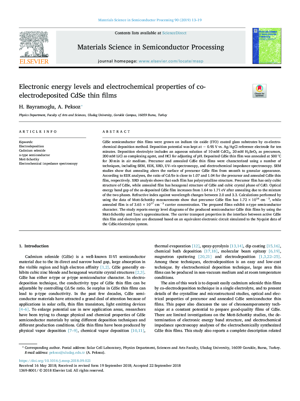 Electronic energy levels and electrochemical properties of co-electrodeposited CdSe thin films