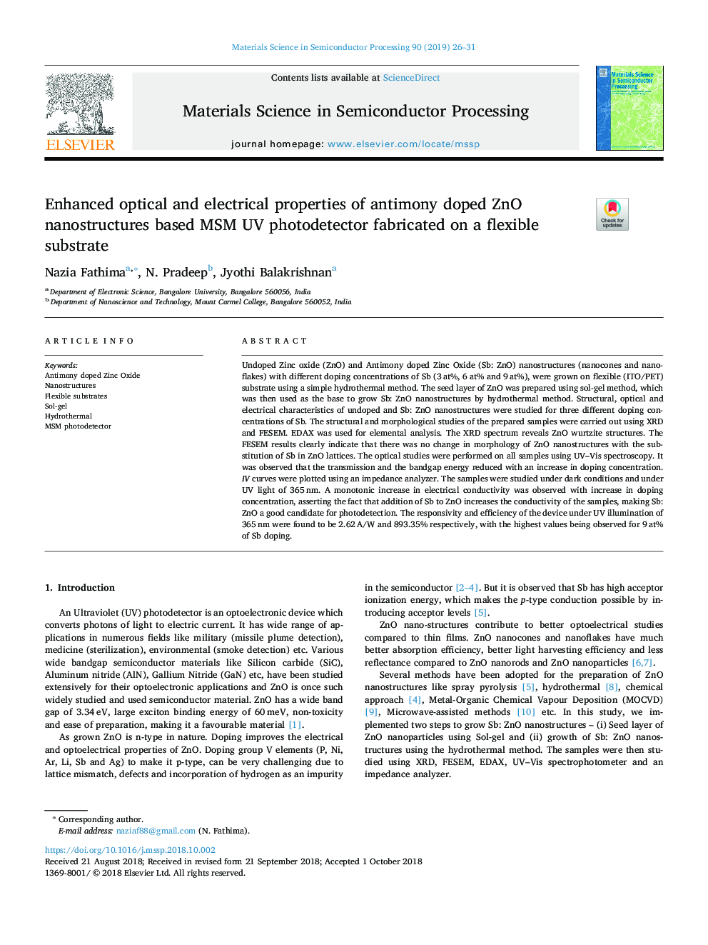 Enhanced optical and electrical properties of antimony doped ZnO nanostructures based MSM UV photodetector fabricated on a flexible substrate