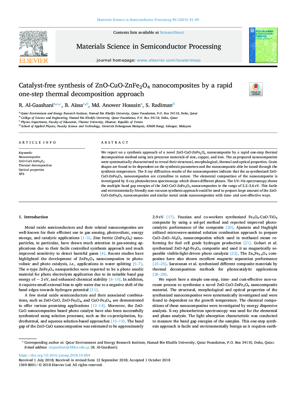 Catalyst-free synthesis of ZnO-CuO-ZnFe2O4 nanocomposites by a rapid one-step thermal decomposition approach