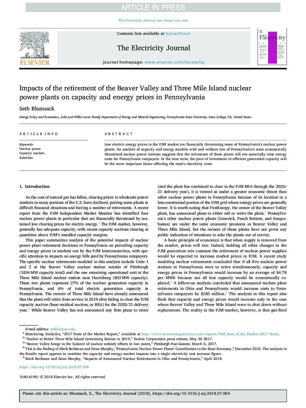 Impacts of the retirement of the Beaver Valley and Three Mile Island nuclear power plants on capacity and energy prices in Pennsylvania