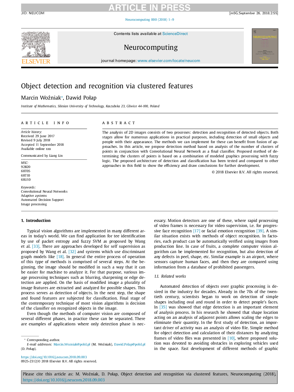 Object detection and recognition via clustered features