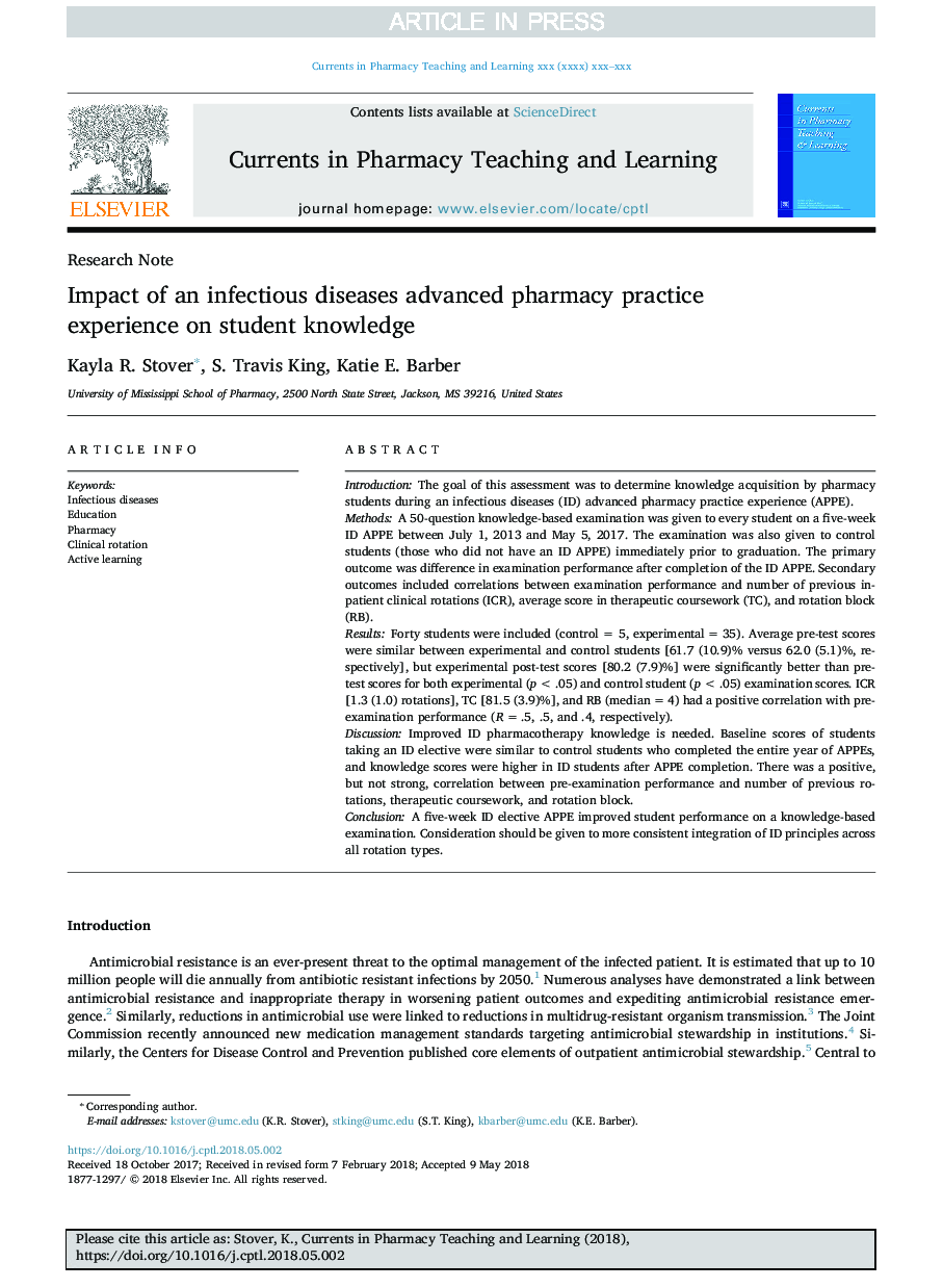 Impact of an infectious diseases advanced pharmacy practice experience on student knowledge