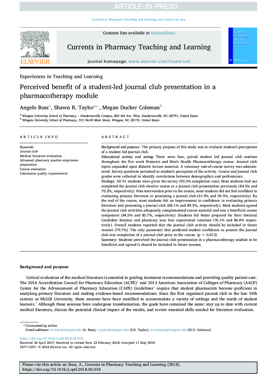 Perceived benefit of a student-led journal club presentation in a pharmacotherapy module