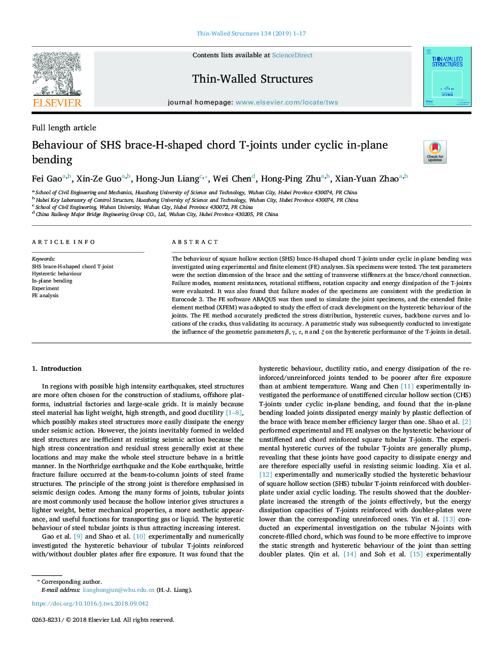 Behaviour of SHS brace-H-shaped chord T-joints under cyclic in-plane bending