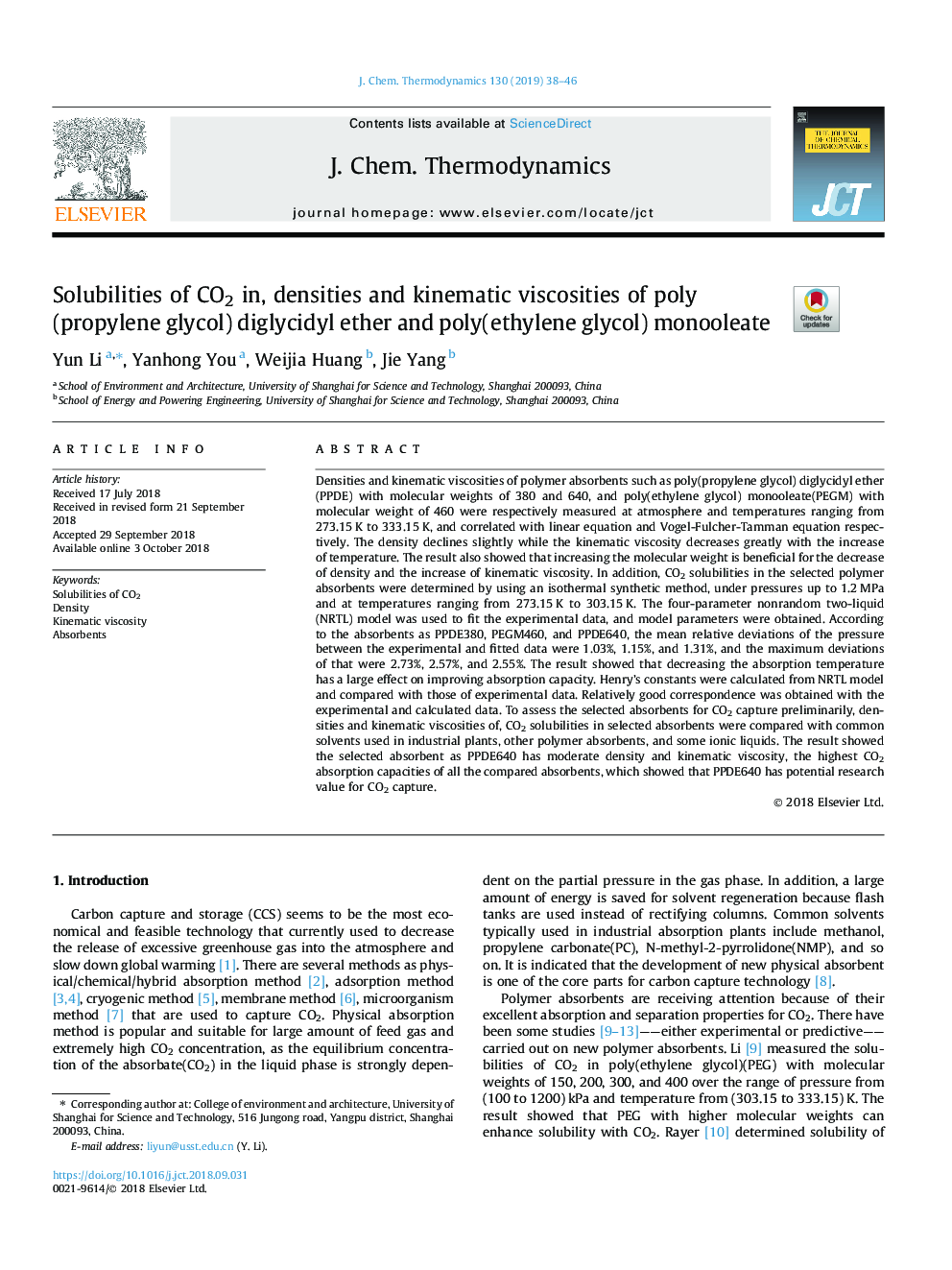 Solubilities of CO2 in, densities and kinematic viscosities of poly(propylene glycol) diglycidyl ether and poly(ethylene glycol) monooleate