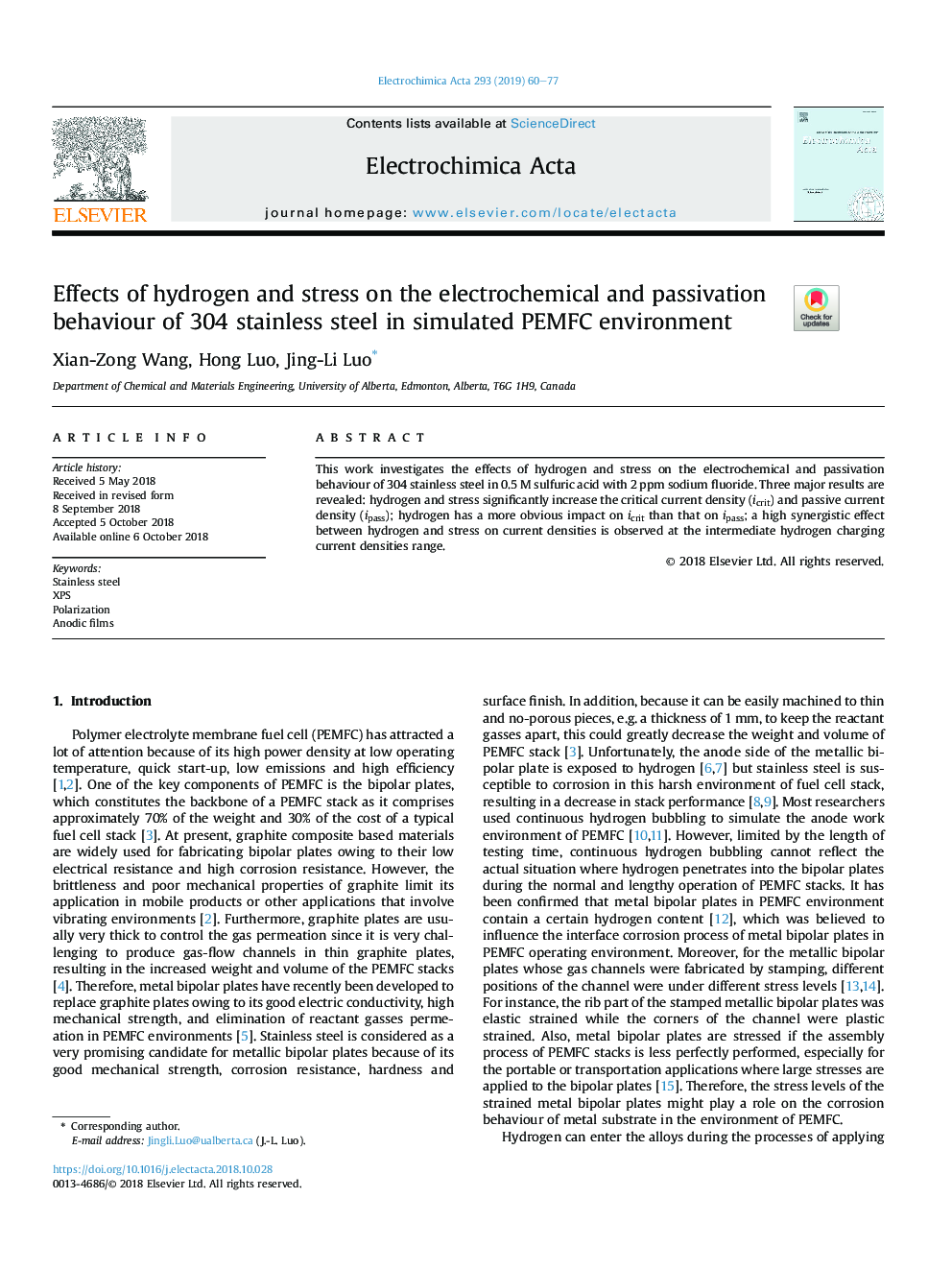 Effects of hydrogen and stress on the electrochemical and passivation behaviour of 304 stainless steel in simulated PEMFC environment