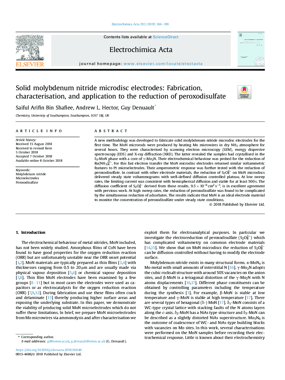 الکترودهای میکرو دیسیید مولیبدن مولیبدن: ساخت، مشخص کردن، و کاربرد در کاهش پراکسیدسیولفات