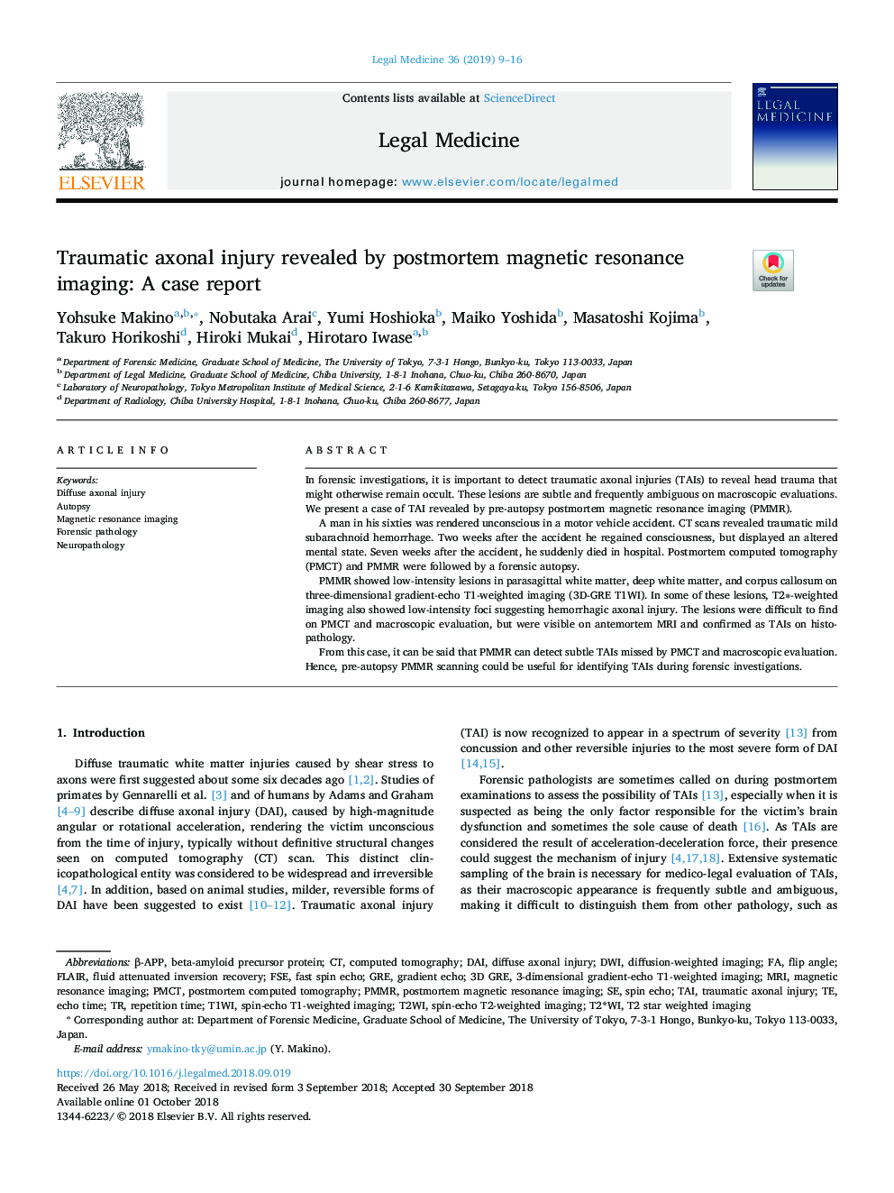 Traumatic axonal injury revealed by postmortem magnetic resonance imaging: A case report