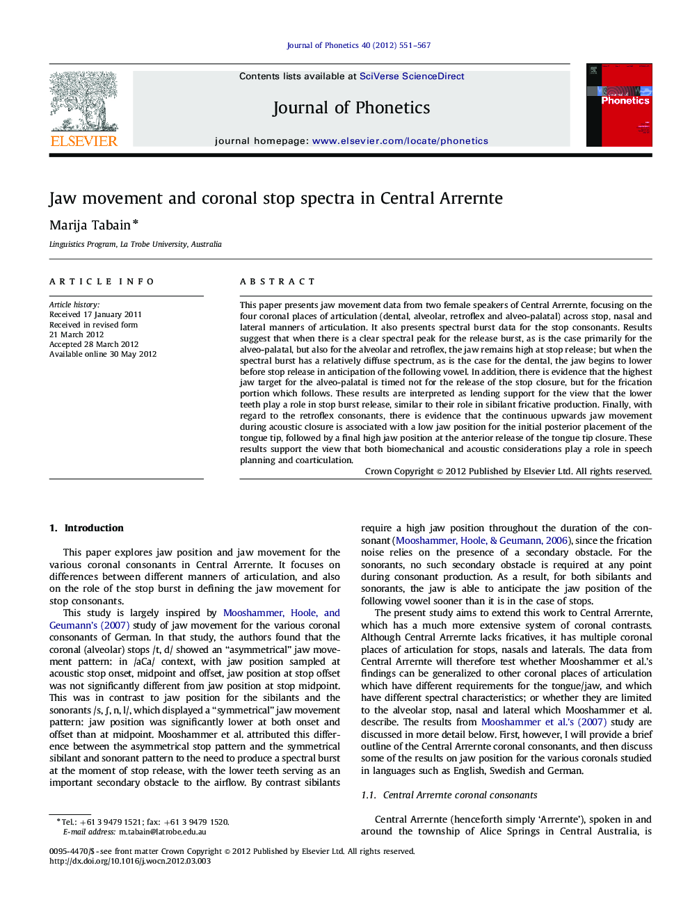 عکس صفحه اول مقاله: Jaw movement and coronal stop spectra in Central Arrernte Jaw movement and coronal stop spectra in Central Arrernte