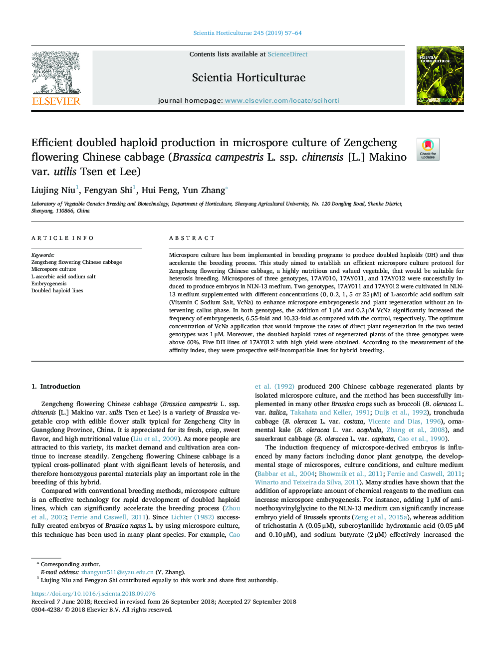 Efficient doubled haploid production in microspore culture of Zengcheng flowering Chinese cabbage (Brassica campestris L. ssp. chinensis [L.] Makino var. utilis Tsen et Lee)