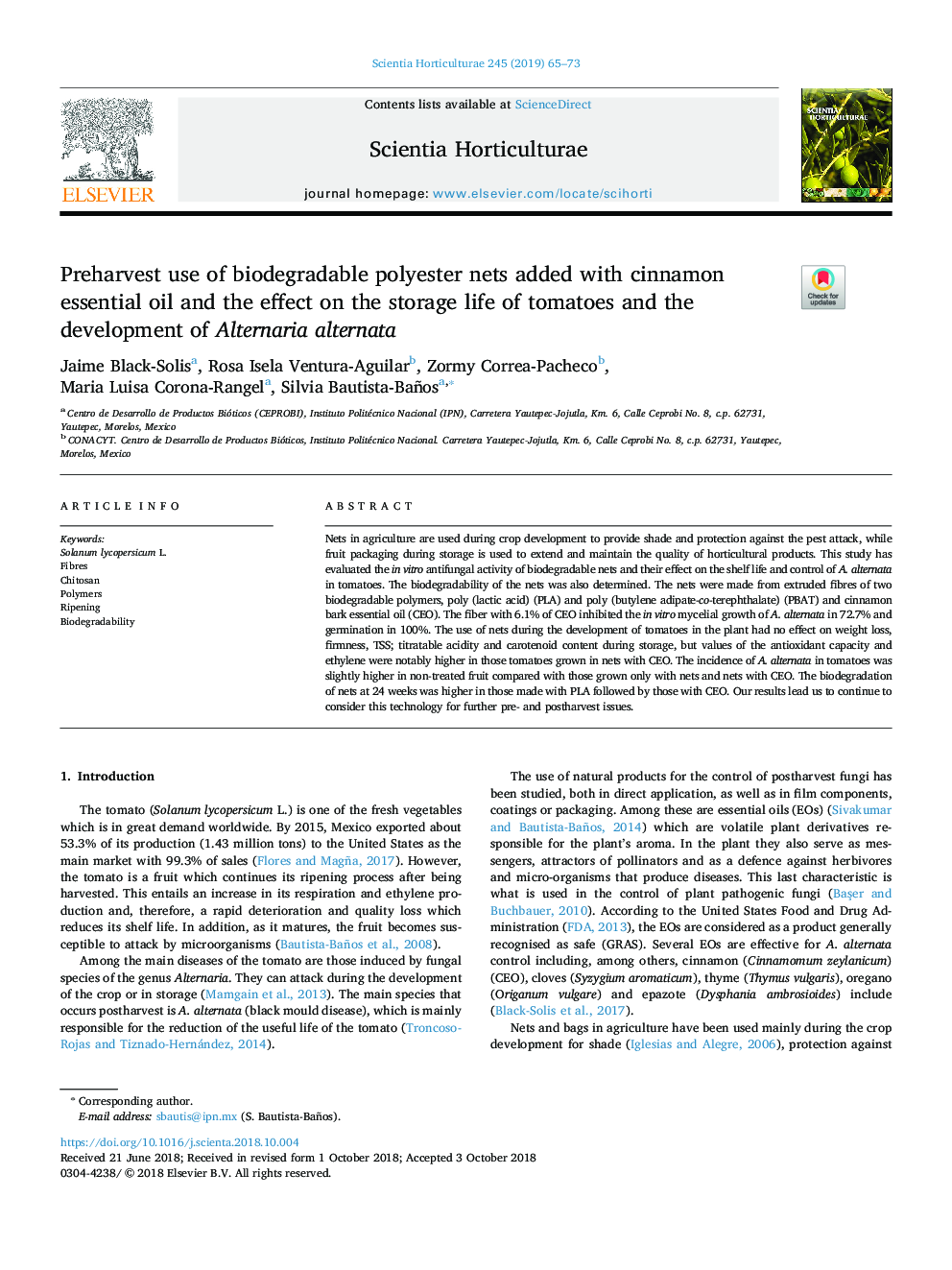 Preharvest use of biodegradable polyester nets added with cinnamon essential oil and the effect on the storage life of tomatoes and the development of Alternaria alternata