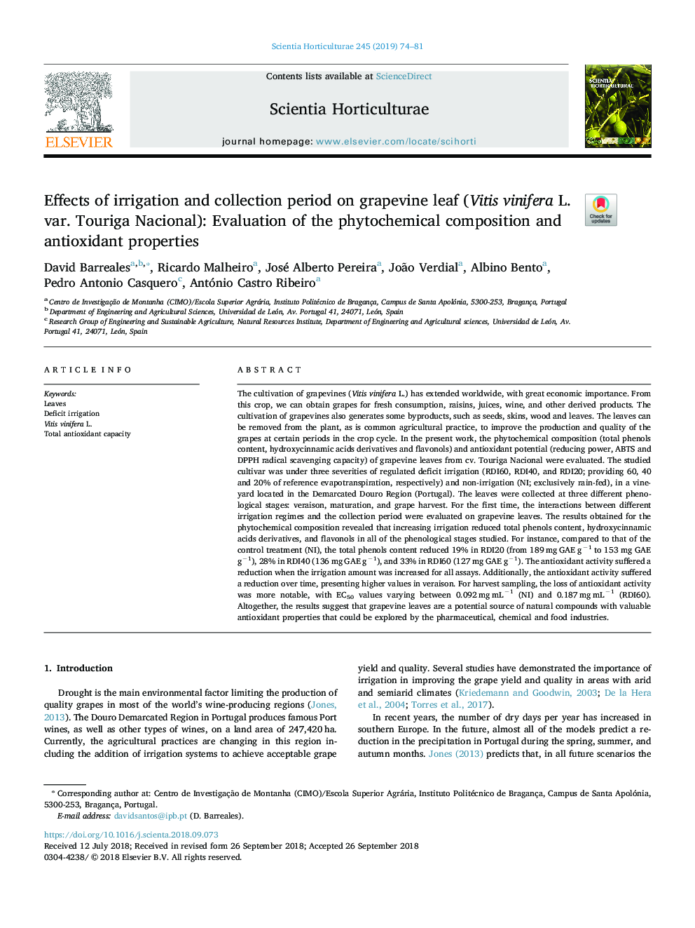 Effects of irrigation and collection period on grapevine leaf (Vitis vinifera L. var. Touriga Nacional): Evaluation of the phytochemical composition and antioxidant properties